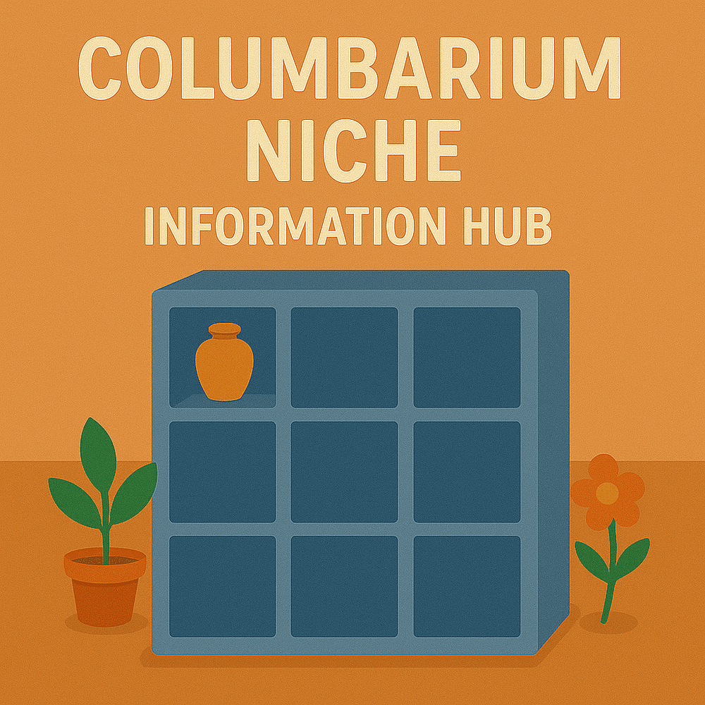 An illustrated columbarium wall of niches with an urn and potted plants
