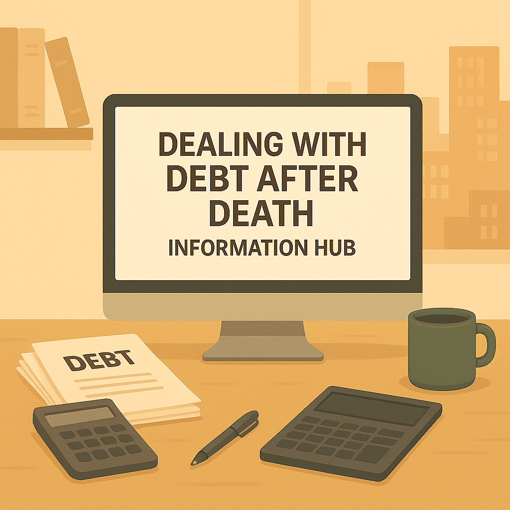 Dealing With Debt After Death Information Hub 3 A monitor reading Dealing With Debt After Death with a calculator