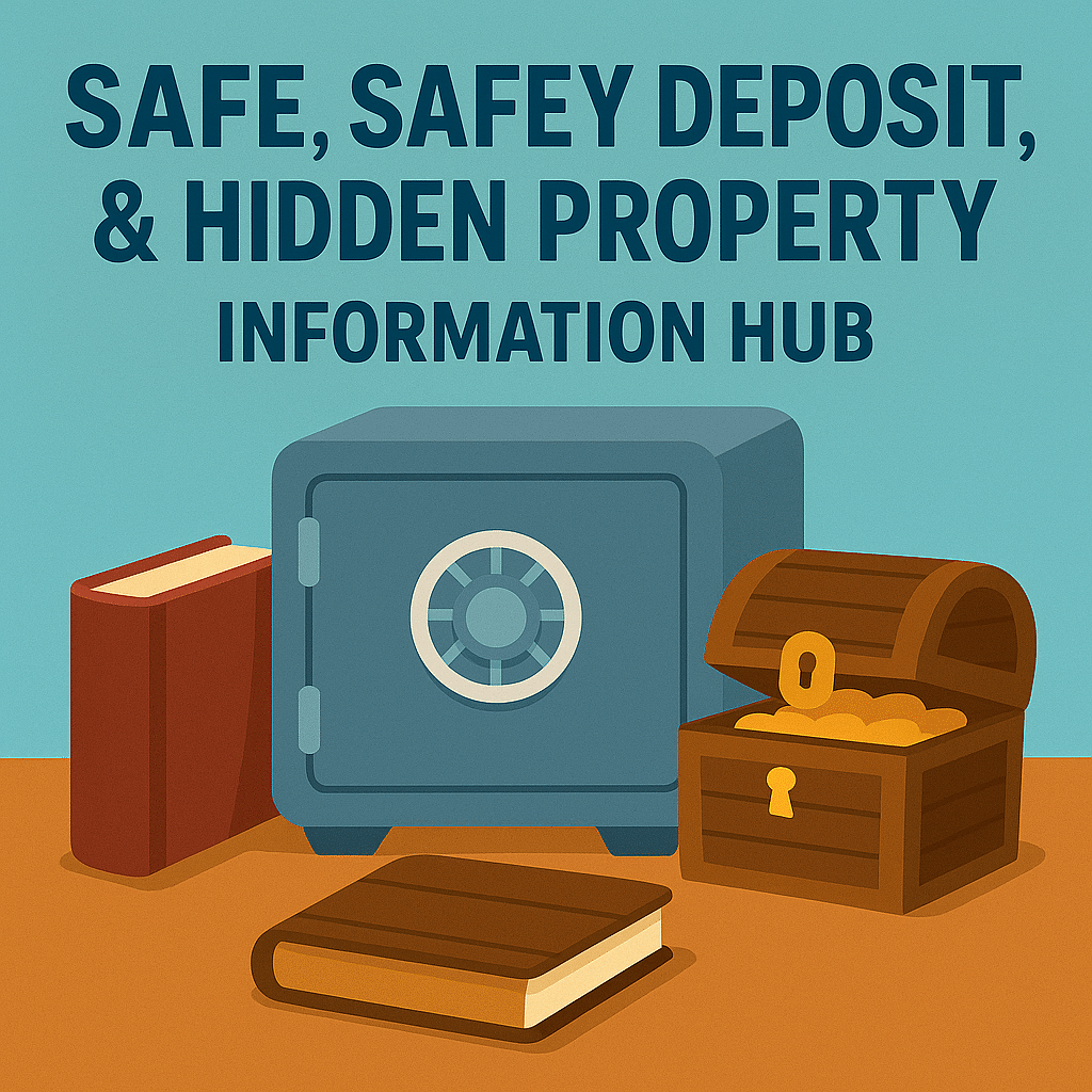 Safe, Safety Deposit, and Hidden Property Information Hub 3 An illustrated safe with books and a locked treasure chest
