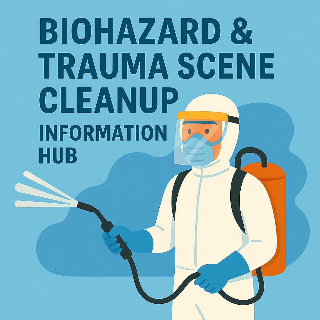 Biohazard & Trauma Scene Cleanup Information Hub 3 An illustrated worker in a hazmat suit spraying with a hose