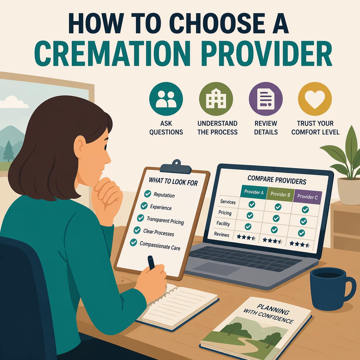 How to Choose a Cremation Provider 3 An illustrated woman at a laptop comparing cremation providers