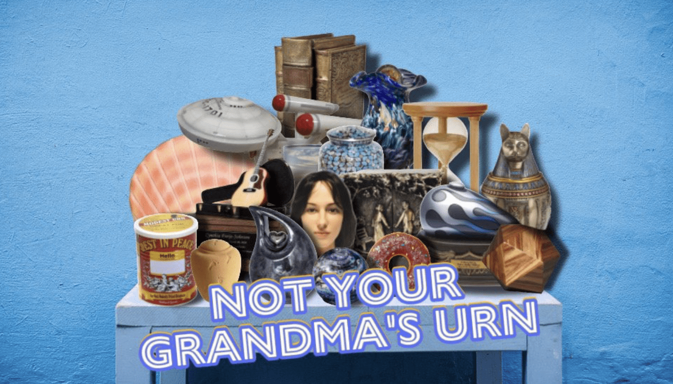 Not Your Grandma’s Urn 3 A shop window of urns with a sign reading Not Your Grandma's Urn