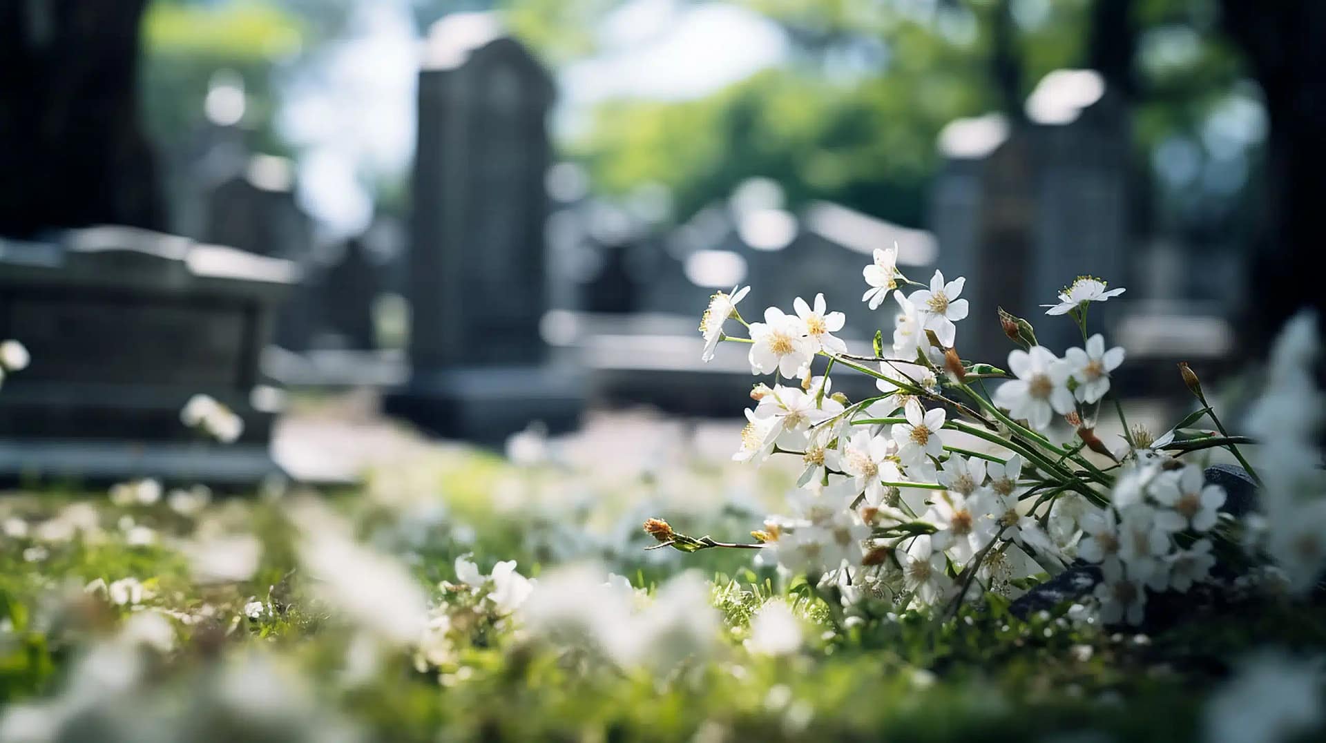 Tomb adorned with white flowers on All Souls’ Day. Tombstone decorated with white flower in the cemetery. Image of a cemetery with flowers.