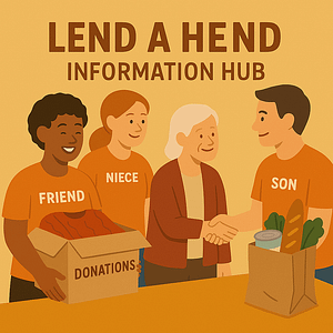 Get Community Support 4 Four people passing a donations box and a bag of groceries, labeled friend, niece and son