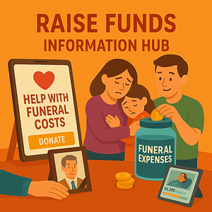 Get Community Support 5 A family beside a tablet showing a donate button and a jar of coins